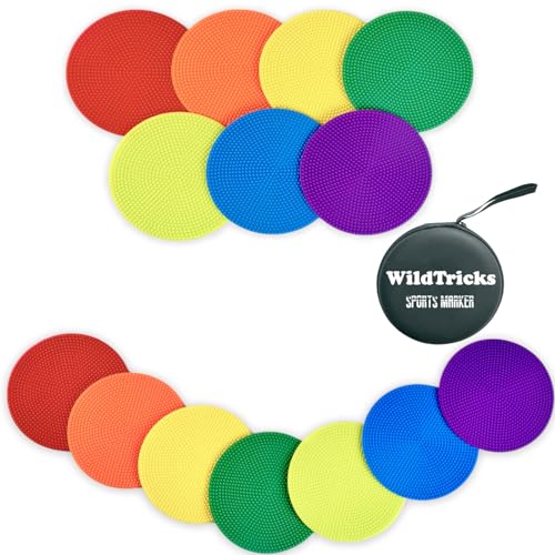 WildTracks 14 Pcs Sports Training Marker, Non Slip Agility Marker Flat Poly Spots,4 inch Floor Dots Spot Markers for Gym,PE Equipment,Rubber Circles Multiple Color Sports Markers(with Storage Package)