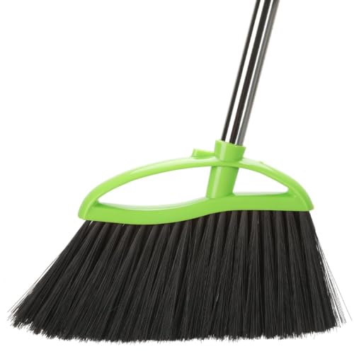 Soft bristle angle broom resting on a clean hardwood floor