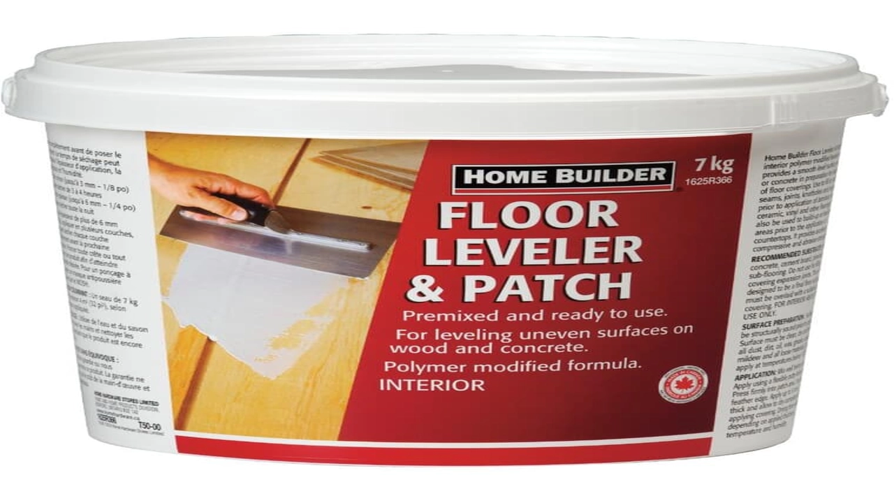 A tub of floor leveler and patch compound for smoothing uneven subfloors