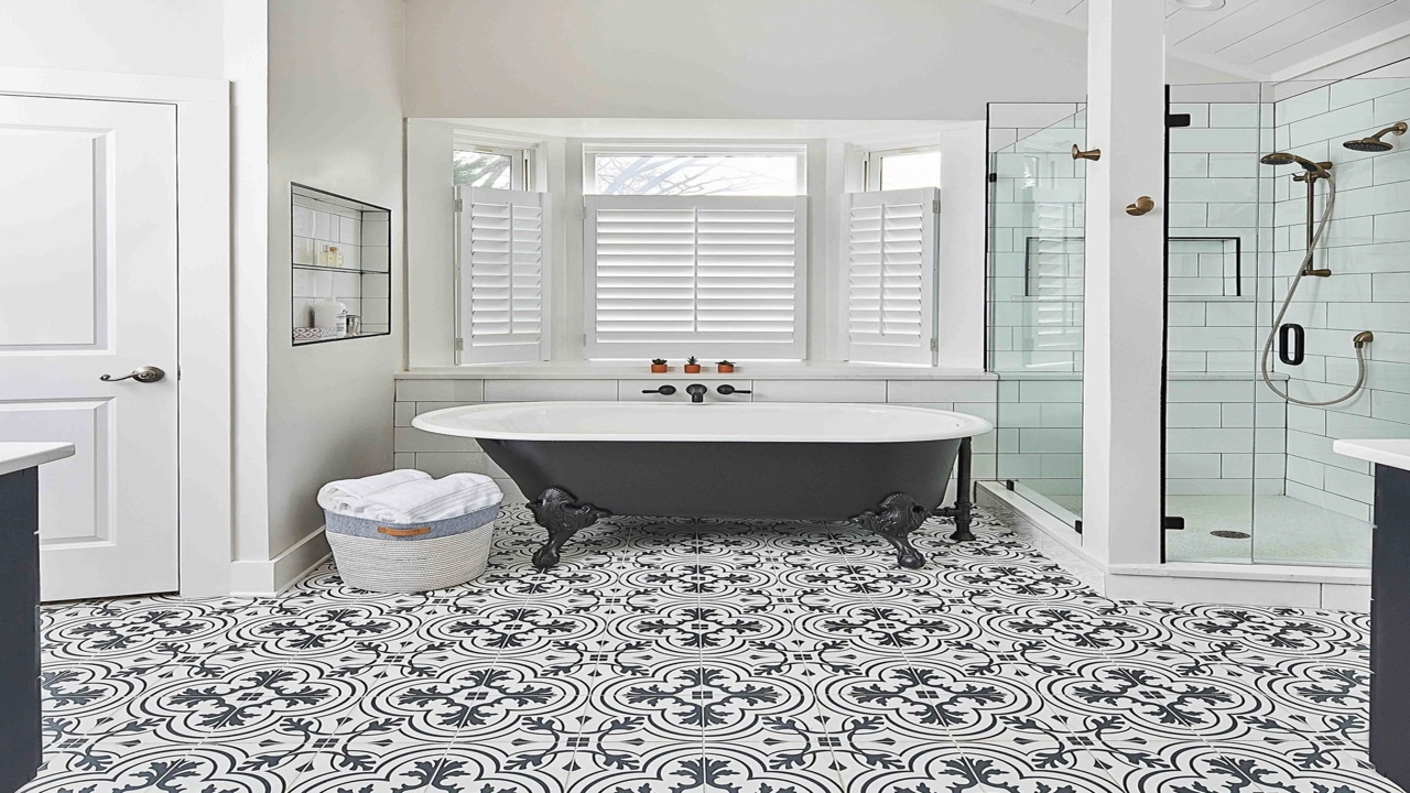 black and white tile flooring bathroom